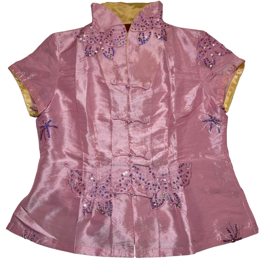 Traditional Tong Meng Mandarin Collar Top Pink Excellent Butterfly Sequin XL(US)